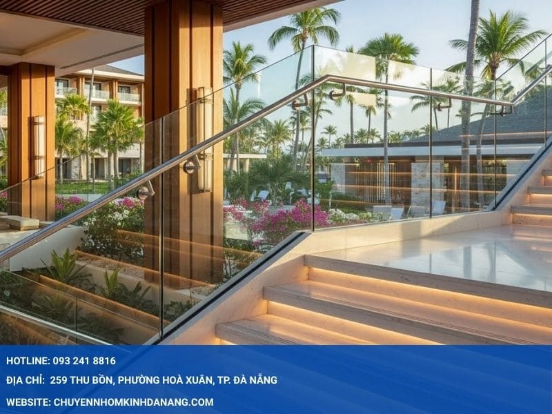 Lắp đặt lan can kính cho resort Nhôm Kính Hưng Thịnh Đà Nẵng