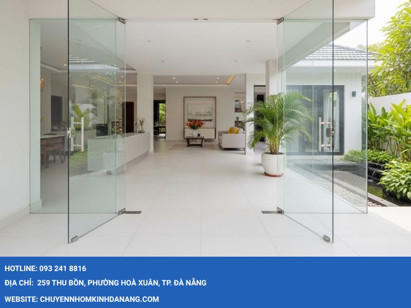 Cửa kính cường lực lề sàn 2 cánh Nhôm Kính Hưng Thịnh Đà Nẵng