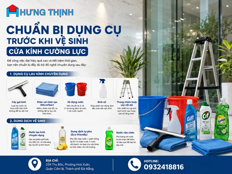 Chuẩn bị dụng cụ trước khi vệ sinh cửa kính cường lực