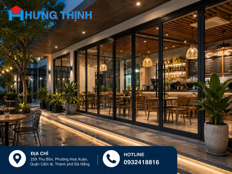 Cửa kính cường lực khung nhôm cho quán cafe hiện đại