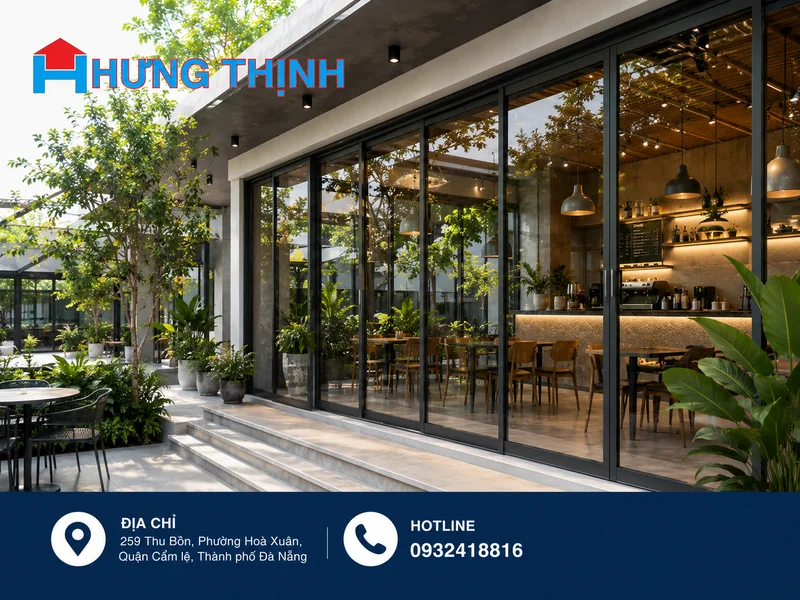 Cửa kính cường lực khung nhôm cho quán cafe hiện đại