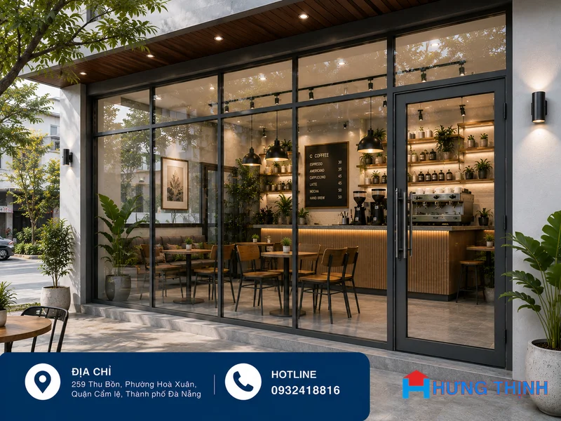 Vách kính kết hợp cửa kính cho quán cafe