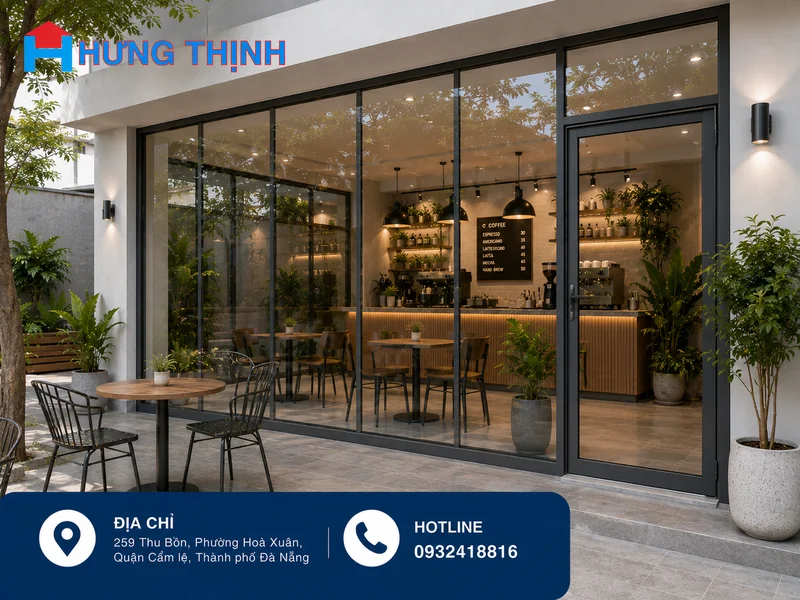 Vách kính kết hợp cửa kính cho quán cafe