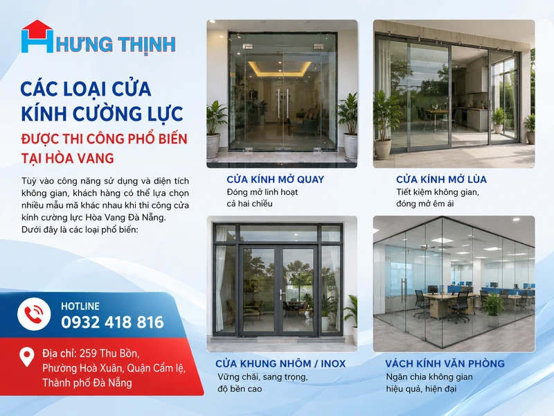 Các loại cửa kính cường lực được thi công phổ biến tại Hòa Vang