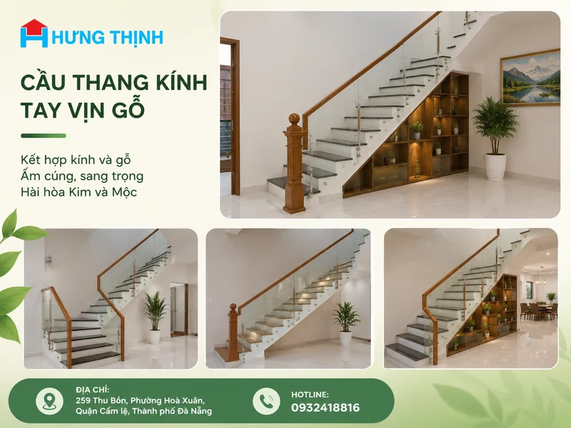 Cầu thang kính tay vịn gỗ