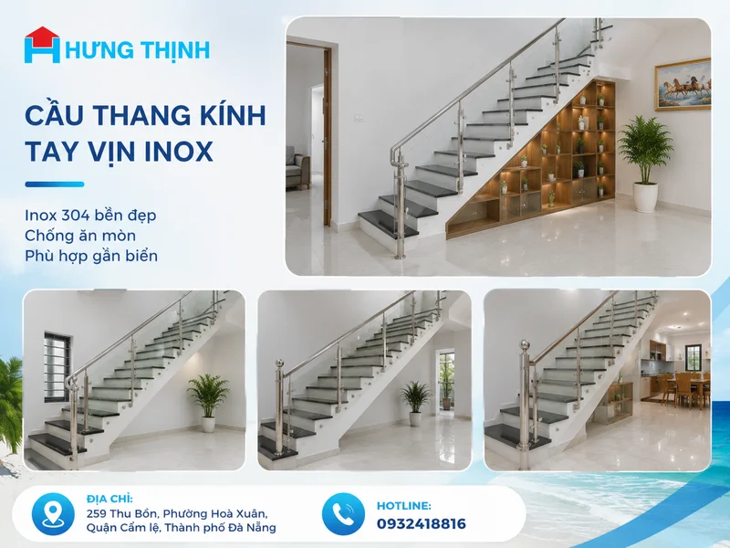 Cầu thang kính tay vịn inox